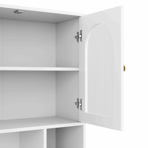 Armário alto tipo aparador - portas curvas em acrílico, prateleiras abertas, LED RGB com aplicação, arrumação para a sala - Branco
