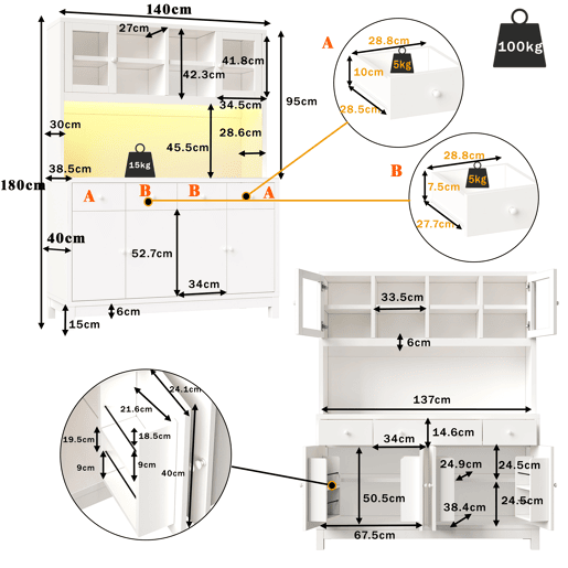 Armário de cozinha de mdf com 6 portas,4 gavetas e luz led,branco