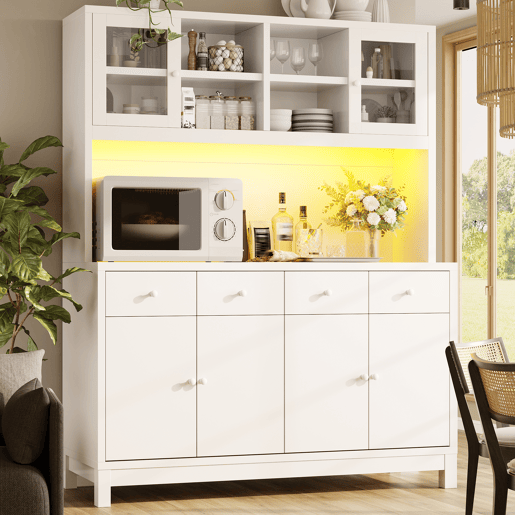 Armário de cozinha de mdf com 6 portas,4 gavetas e luz led,branco