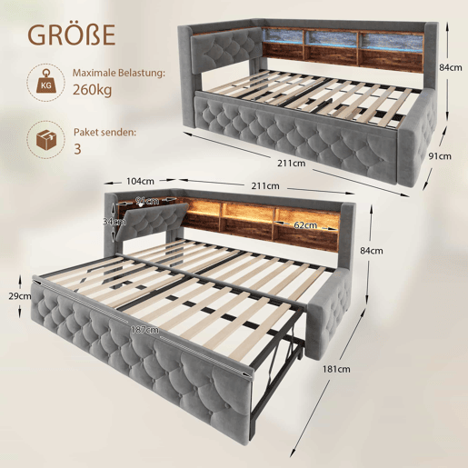 Sofá-cama 90x190 cm - extensível, com arrumação, LED, USB-C, encosto - Cinza escuro