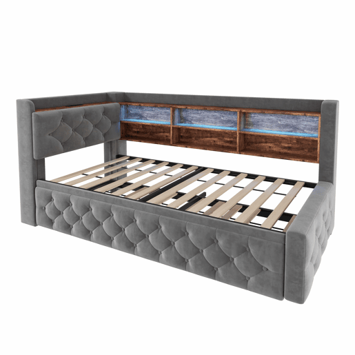 Sofá-cama 90x190 cm - extensível, com arrumação, LED, USB-C, encosto - Cinza escuro