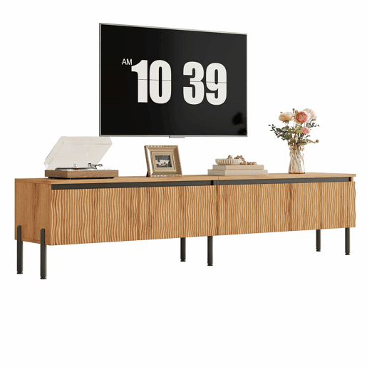 Móvel de TV - com 4 portas onduladas, espaço de arrumação fechado e passacables, pés metálicos - Natural Móvel de TV - com 4 portas onduladas, espaço de arrumação fechado e passacables, pés metálicos - Natural