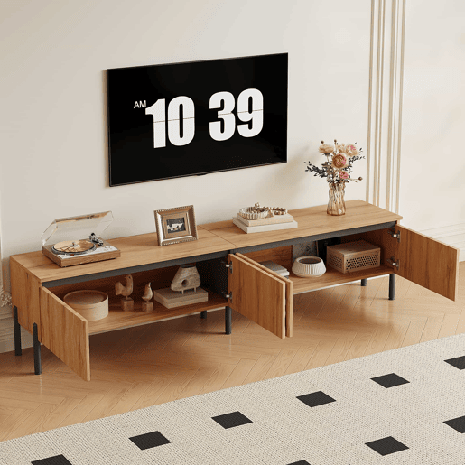 Móvel de TV - com 4 portas onduladas, espaço de arrumação fechado e passacables, pés metálicos - Natural Móvel de TV - com 4 portas onduladas, espaço de arrumação fechado e passacables, pés metálicos - Natural