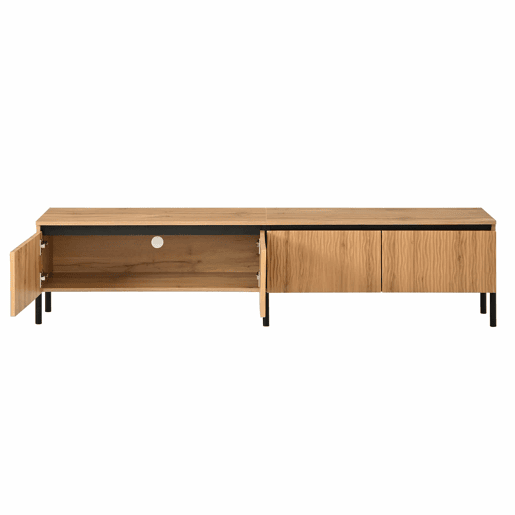 Móvel de TV - com 4 portas onduladas, espaço de arrumação fechado e passacables, pés metálicos - Natural Móvel de TV - com 4 portas onduladas, espaço de arrumação fechado e passacables, pés metálicos - Natural