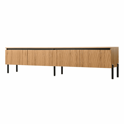 Móvel de TV - com 4 portas onduladas, espaço de arrumação fechado e passacables, pés metálicos - Natural Móvel de TV - com 4 portas onduladas, espaço de arrumação fechado e passacables, pés metálicos - Natural
