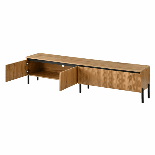 Móvel de TV - com 4 portas onduladas, espaço de arrumação fechado e passacables, pés metálicos - Natural Móvel de TV - com 4 portas onduladas, espaço de arrumação fechado e passacables, pés metálicos - Natural