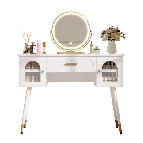 Penteadeira com espelho LED 100x42x112 cm - 1 gaveta e 2 portas, muito espaço de arrumação, estilo escandinavo moderno - Branco e dourado Penteadeira com espelho LED 100x42x112 cm - 1 gaveta e 2 portas, muito espaço de arrumação, estilo escandinavo moderno - Branco e dourado