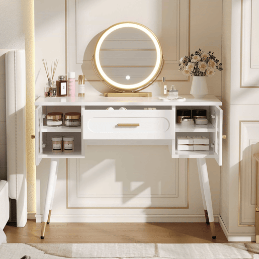 Penteadeira com espelho LED 100x42x112 cm - 1 gaveta e 2 portas, muito espaço de arrumação, estilo escandinavo moderno - Branco e dourado Penteadeira com espelho LED 100x42x112 cm - 1 gaveta e 2 portas, muito espaço de arrumação, estilo escandinavo moderno - Branco e dourado