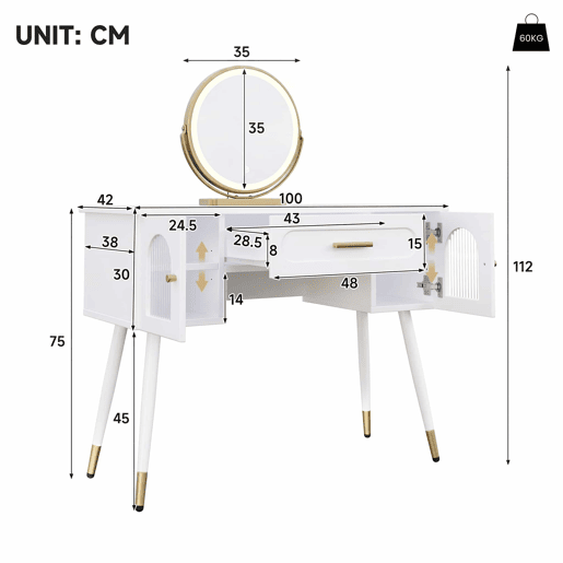 Penteadeira com espelho LED 100x42x112 cm - 1 gaveta e 2 portas, muito espaço de arrumação, estilo escandinavo moderno - Branco e dourado Penteadeira com espelho LED 100x42x112 cm - 1 gaveta e 2 portas, muito espaço de arrumação, estilo escandinavo moderno - Branco e dourado
