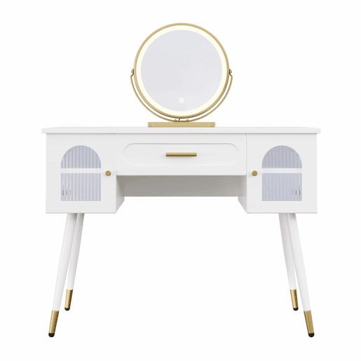 Penteadeira com espelho LED 100x42x112 cm - 1 gaveta e 2 portas, muito espaço de arrumação, estilo escandinavo moderno - Branco e dourado Penteadeira com espelho LED 100x42x112 cm - 1 gaveta e 2 portas, muito espaço de arrumação, estilo escandinavo moderno - Branco e dourado