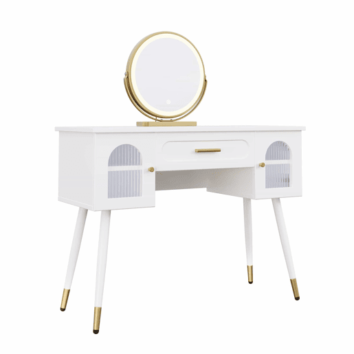 Penteadeira com espelho LED 100x42x112 cm - 1 gaveta e 2 portas, muito espaço de arrumação, estilo escandinavo moderno - Branco e dourado Penteadeira com espelho LED 100x42x112 cm - 1 gaveta e 2 portas, muito espaço de arrumação, estilo escandinavo moderno - Branco e dourado