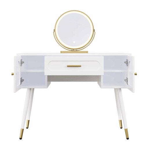 Penteadeira com espelho LED 100x42x112 cm - 1 gaveta e 2 portas, muito espaço de arrumação, estilo escandinavo moderno - Branco e dourado Penteadeira com espelho LED 100x42x112 cm - 1 gaveta e 2 portas, muito espaço de arrumação, estilo escandinavo moderno - Branco e dourado