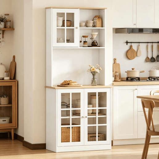 Armário de cozinha 80x37x183 cm u2013 alto, com espaço de arrumação e prateleiras u2013 branco e carvalho claro Armário de cozinha 80x37x183 cm u2013 alto, com espaço de arrumação e prateleiras u2013 branco e carvalho claro