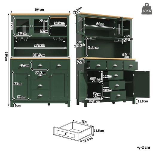 Armário de cozinha de mdf com 4 portas,6 gavetas e luz led,verde Armário de cozinha de mdf com 4 portas,6 gavetas e luz led,verde