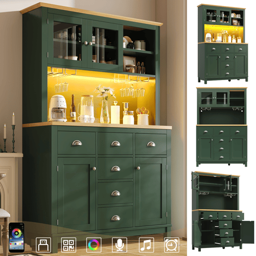 Armário de cozinha de mdf com 4 portas,6 gavetas e luz led,verde Armário de cozinha de mdf com 4 portas,6 gavetas e luz led,verde