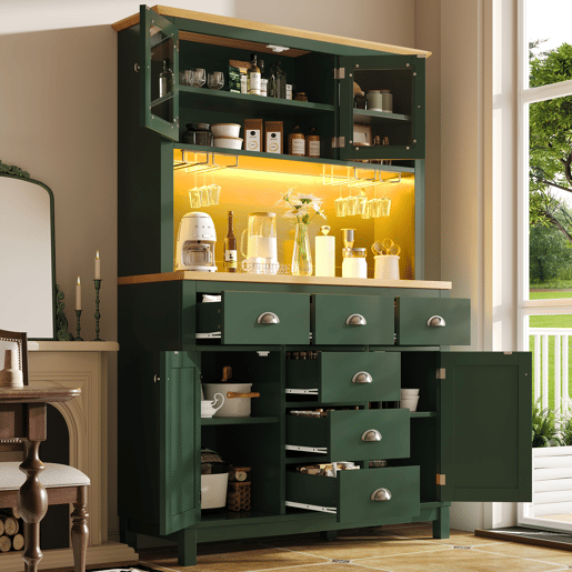 Armário de cozinha de mdf com 4 portas,6 gavetas e luz led,verde Armário de cozinha de mdf com 4 portas,6 gavetas e luz led,verde