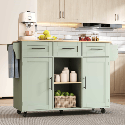 Carrinho de cozinha 139 x 46 x 91,5 cm u2013 bancada dobrável, porta de arrumação, com rodas e pés em madeira maciça u2013 verde antigo
