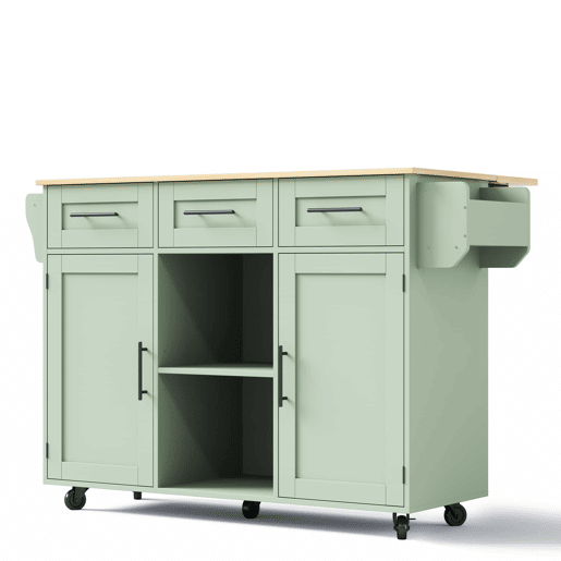 Carrinho de cozinha 139 x 46 x 91,5 cm u2013 bancada dobrável, porta de arrumação, com rodas e pés em madeira maciça u2013 verde antigo