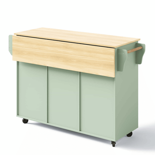 Carrinho de cozinha 139 x 46 x 91,5 cm u2013 bancada dobrável, porta de arrumação, com rodas e pés em madeira maciça u2013 verde antigo