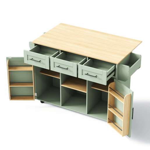 Carrinho de cozinha 139 x 46 x 91,5 cm u2013 bancada dobrável, porta de arrumação, com rodas e pés em madeira maciça u2013 verde antigo