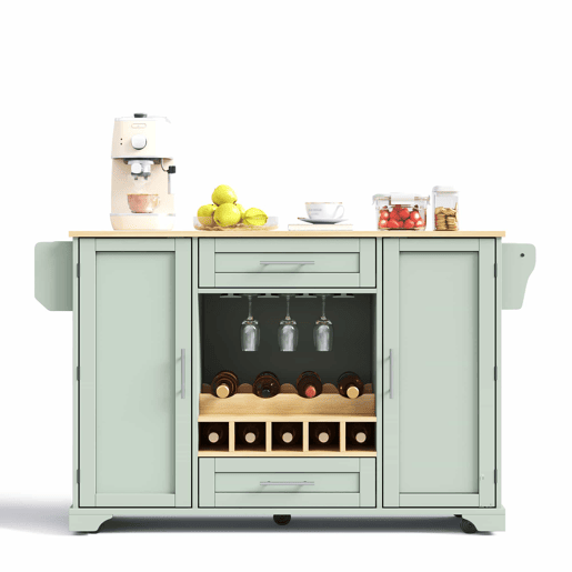 Carrinho de cozinha 120x4570x92 cm u2013 ilha móvel com bancada rebatível, suporte para garrafas, porta-copos, prateleira para especiarias e toalheiro u2013 verde antigo