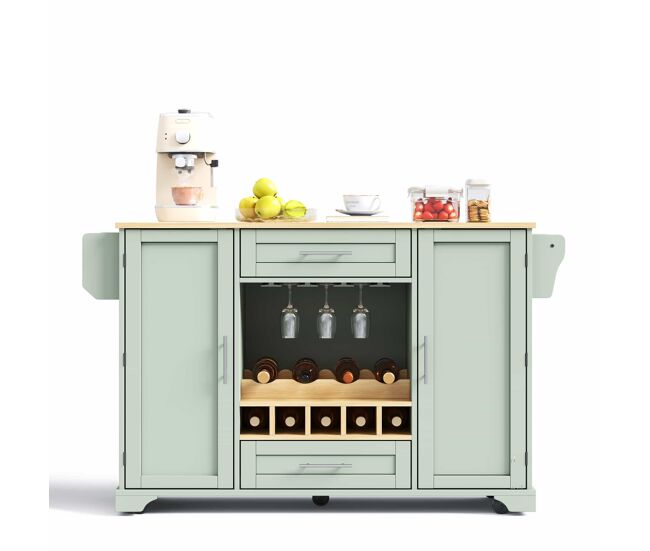 Carrito de cocina 120x45/70x92cm - isla móvil con encimera plegable, botellero, portavasos, especiero y toallero - verde antiguo