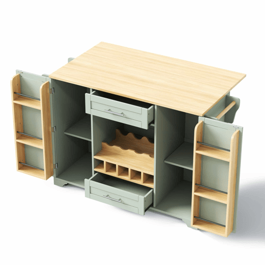 Carrinho de cozinha 120x4570x92 cm u2013 ilha móvel com bancada rebatível, suporte para garrafas, porta-copos, prateleira para especiarias e toalheiro u2013 verde antigo