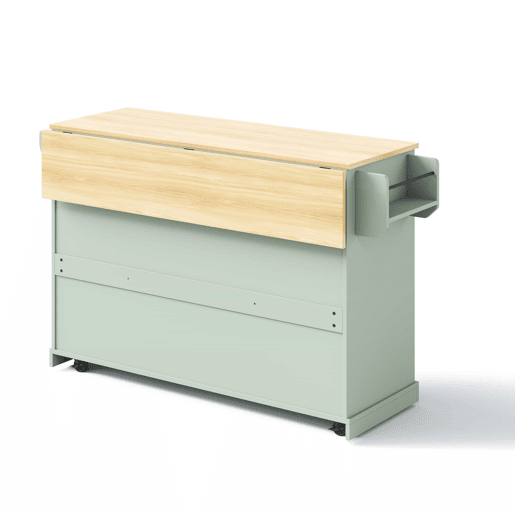 Carrinho de cozinha 120x4570x92 cm u2013 ilha móvel com bancada rebatível, suporte para garrafas, porta-copos, prateleira para especiarias e toalheiro u2013 verde antigo