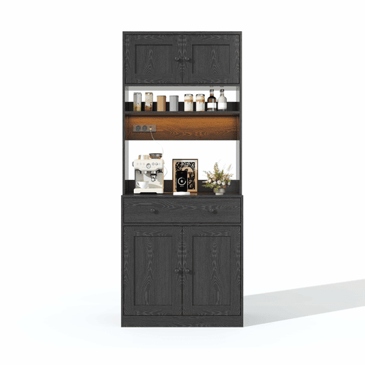 Armário de cozinha de 180 cm - alto, com LED, tomada, prateleira para especiarias e gaveta grande multifunções - Preto Armário de cozinha de 180 cm - alto, com LED, tomada, prateleira para especiarias e gaveta grande multifunções - Preto