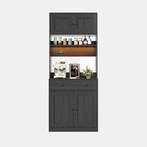 Armário de cozinha de 180 cm - alto, com LED, tomada, prateleira para especiarias e gaveta grande multifunções - Preto