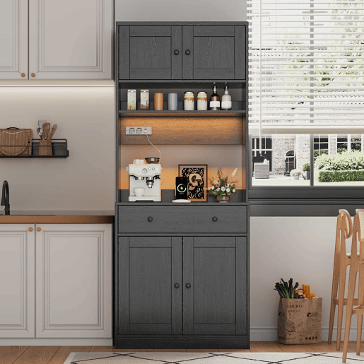 Armário de cozinha de 180 cm - alto, com LED, tomada, prateleira para especiarias e gaveta grande multifunções - Preto Armário de cozinha de 180 cm - alto, com LED, tomada, prateleira para especiarias e gaveta grande multifunções - Preto