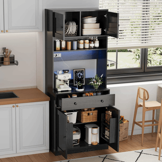 Armário de cozinha de 180 cm - alto, com LED, tomada, prateleira para especiarias e gaveta grande multifunções - Preto Armário de cozinha de 180 cm - alto, com LED, tomada, prateleira para especiarias e gaveta grande multifunções - Preto