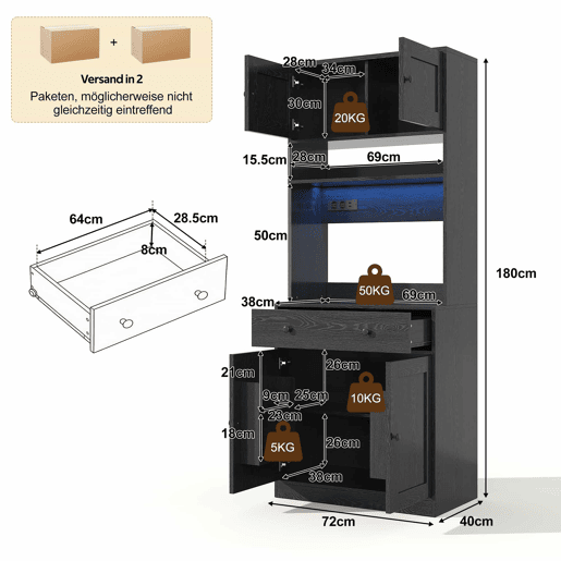 Armário de cozinha de 180 cm - alto, com LED, tomada, prateleira para especiarias e gaveta grande multifunções - Preto Armário de cozinha de 180 cm - alto, com LED, tomada, prateleira para especiarias e gaveta grande multifunções - Preto