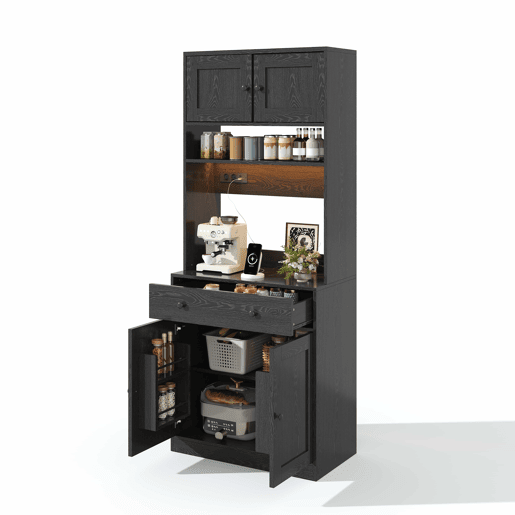 Armário de cozinha de 180 cm - alto, com LED, tomada, prateleira para especiarias e gaveta grande multifunções - Preto Armário de cozinha de 180 cm - alto, com LED, tomada, prateleira para especiarias e gaveta grande multifunções - Preto