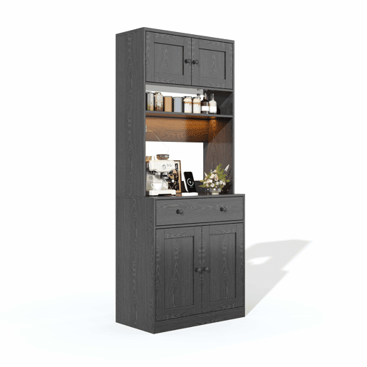 Armário de cozinha de 180 cm - alto, com LED, tomada, prateleira para especiarias e gaveta grande multifunções - Preto Armário de cozinha de 180 cm - alto, com LED, tomada, prateleira para especiarias e gaveta grande multifunções - Preto