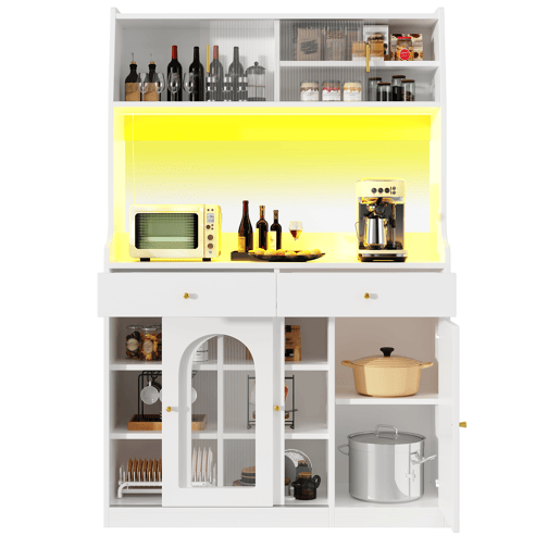 Armário de cozinha de mdf com 5 portas,2 gavetas e luz led,branco Armário de cozinha de mdf com 5 portas,2 gavetas e luz led,branco