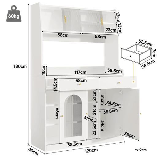 Armário de cozinha de mdf com 5 portas,2 gavetas e luz led,branco Armário de cozinha de mdf com 5 portas,2 gavetas e luz led,branco