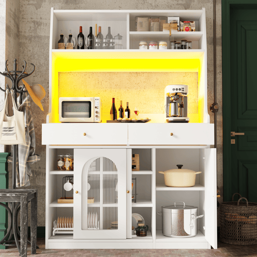 Armário de cozinha de mdf com 5 portas,2 gavetas e luz led,branco Armário de cozinha de mdf com 5 portas,2 gavetas e luz led,branco