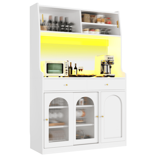 Armário de cozinha de mdf com 5 portas,2 gavetas e luz led,branco Armário de cozinha de mdf com 5 portas,2 gavetas e luz led,branco