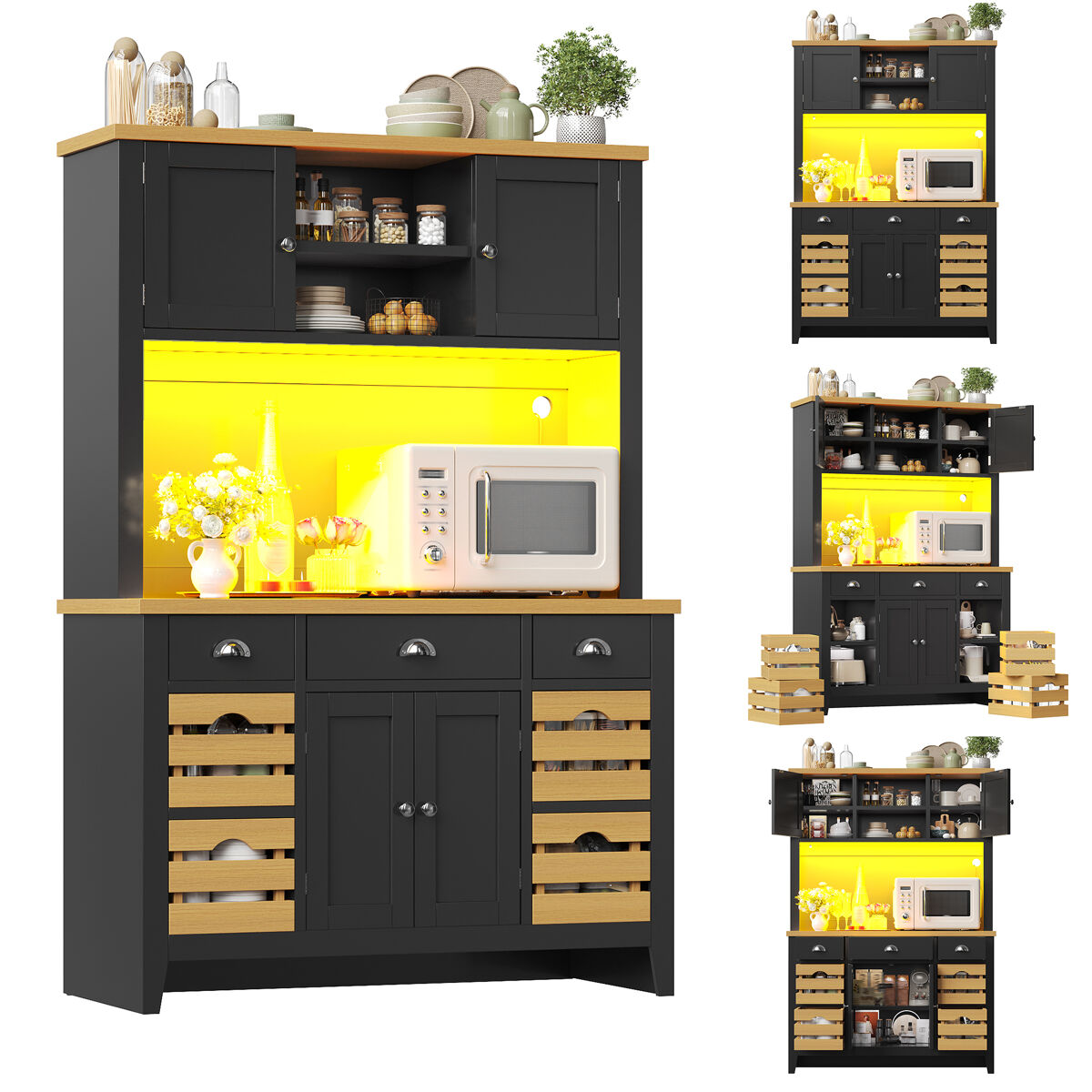 Armario de cocina con 4 puertas y 3 cajones 120 Negro/ Madera
