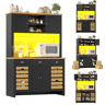 Armário de cozinha de mdf com 4 portas,3 gavetas e luz led,preto+madeira