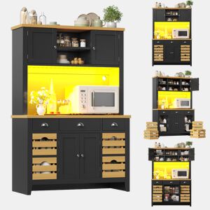 Armário de cozinha de mdf com 4 portas,3 gavetas e luz led,preto+madeira