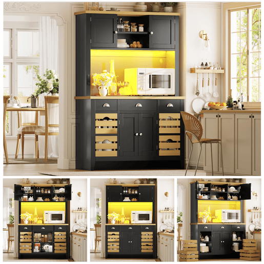 Armário de cozinha de mdf com 4 portas,3 gavetas e luz led,preto+madeira Armário de cozinha de mdf com 4 portas,3 gavetas e luz led,preto+madeira