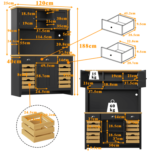 Armário de cozinha de mdf com 4 portas,3 gavetas e luz led,preto+madeira Armário de cozinha de mdf com 4 portas,3 gavetas e luz led,preto+madeira