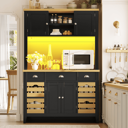 Armário de cozinha de mdf com 4 portas,3 gavetas e luz led,preto+madeira Armário de cozinha de mdf com 4 portas,3 gavetas e luz led,preto+madeira