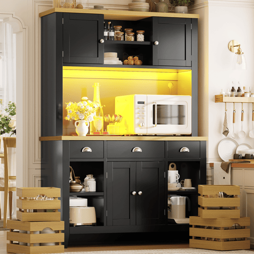 Armário de cozinha de mdf com 4 portas,3 gavetas e luz led,preto+madeira Armário de cozinha de mdf com 4 portas,3 gavetas e luz led,preto+madeira