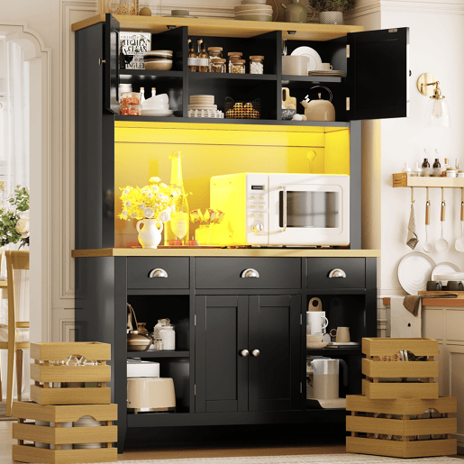 Armário de cozinha de mdf com 4 portas,3 gavetas e luz led,preto+madeira Armário de cozinha de mdf com 4 portas,3 gavetas e luz led,preto+madeira