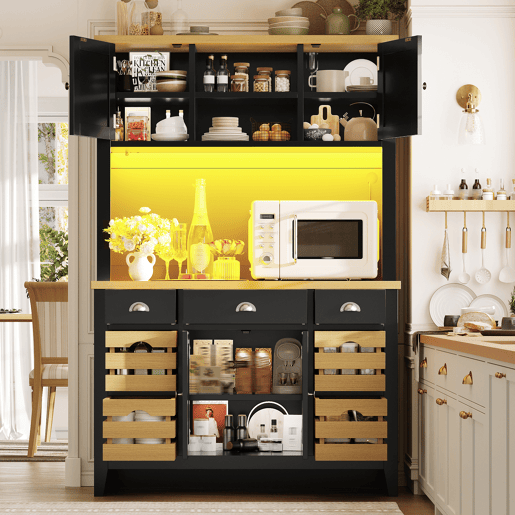 Armário de cozinha de mdf com 4 portas,3 gavetas e luz led,preto+madeira Armário de cozinha de mdf com 4 portas,3 gavetas e luz led,preto+madeira