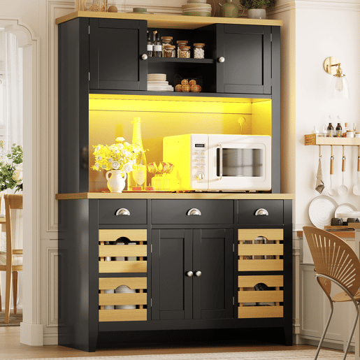 Armário de cozinha de mdf com 4 portas,3 gavetas e luz led,preto+madeira Armário de cozinha de mdf com 4 portas,3 gavetas e luz led,preto+madeira