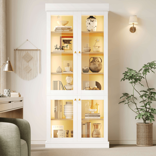 Vitrina alta - LED integrado, portas de vidro, prateleiras ajustáveis e sistema anti-tombamento - Branco Vitrina alta - LED integrado, portas de vidro, prateleiras ajustáveis e sistema anti-tombamento - Branco